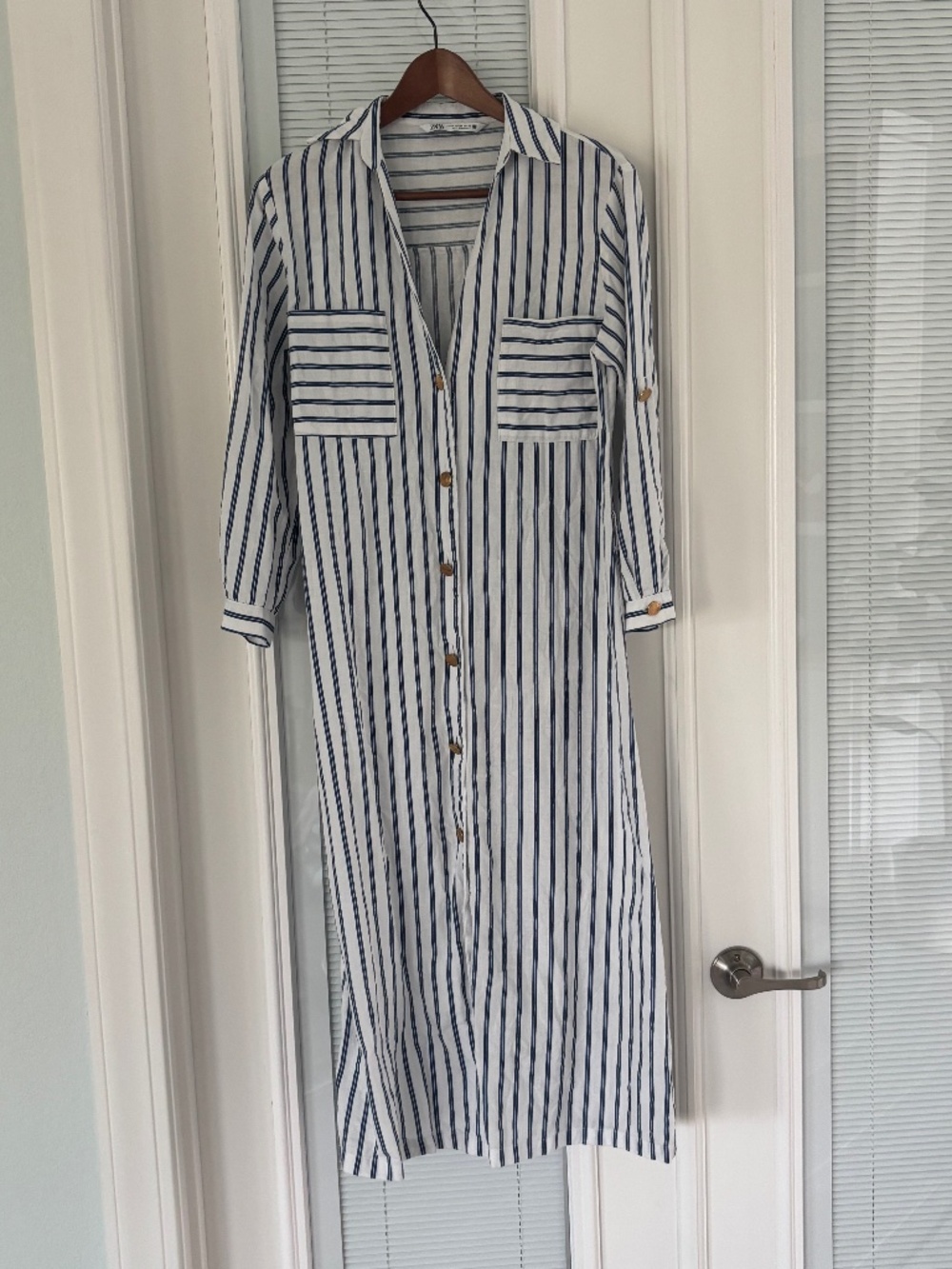 Zara Linen Blend Oversized Shirtdress White with Blue Stripes Gold Buttons Sz XS